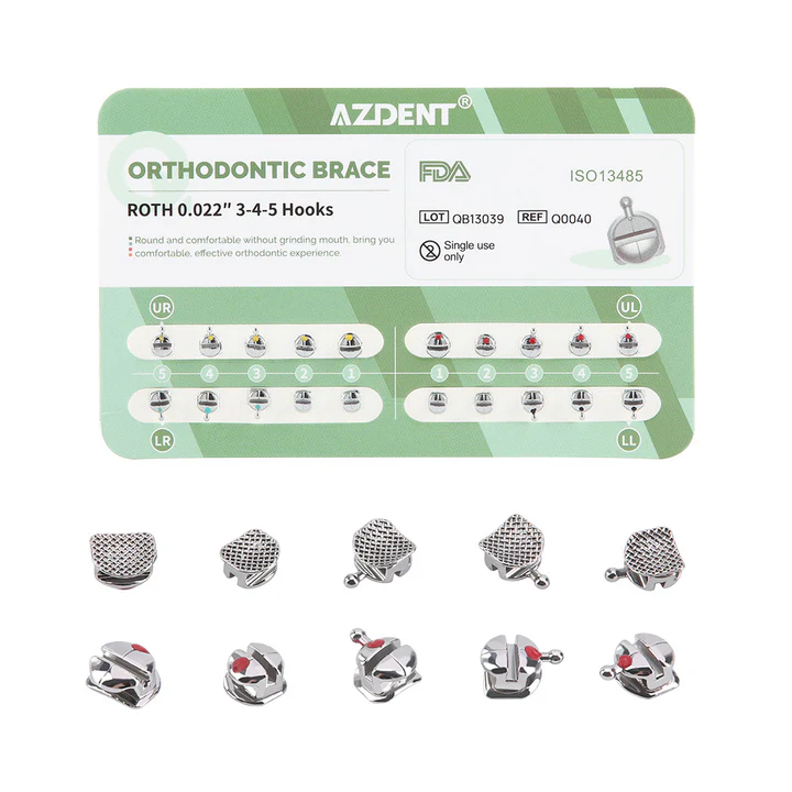 AZDENT Dental Orthodontic Q-type Metal Brackets Roth/MBT .022 Hooks On 345 20pcs/Pack