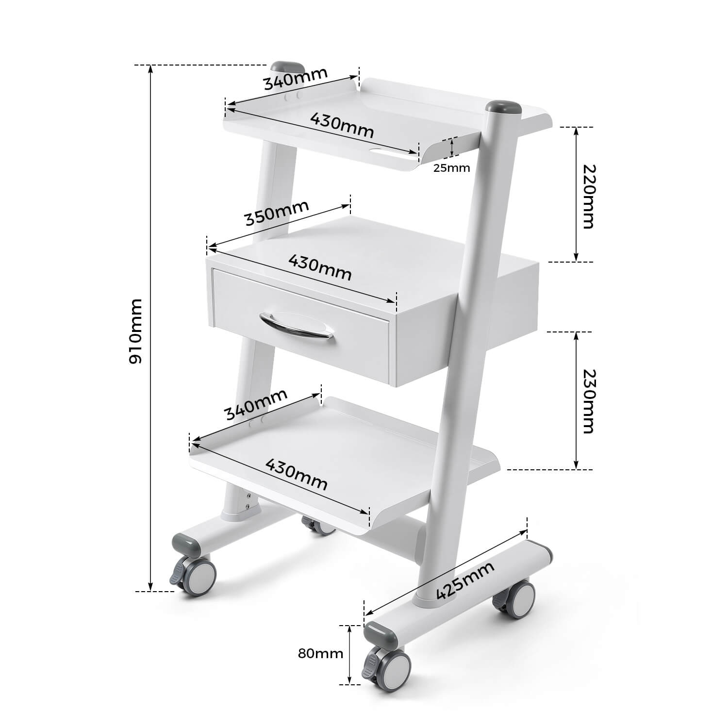 Dental Mobile Cart Tool Built-in Socket Steel Three-Tier Trolley with Drawer - azdentall.com