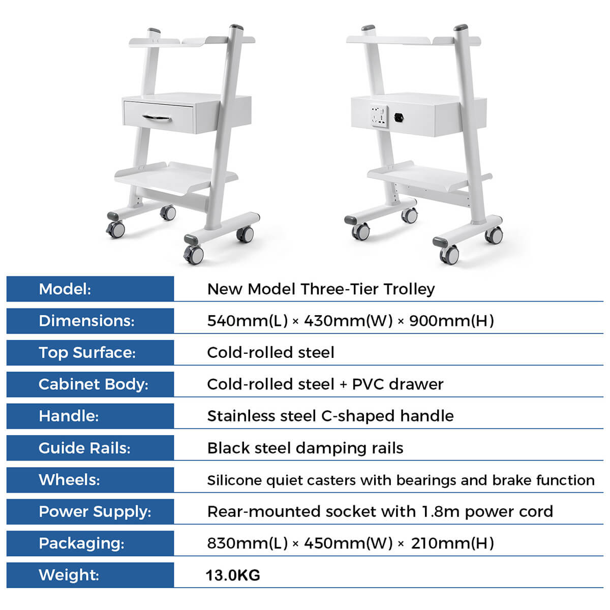 Dental Mobile Cart Tool Built-in Socket Steel Three-Tier Trolley with Drawer - azdentall.com