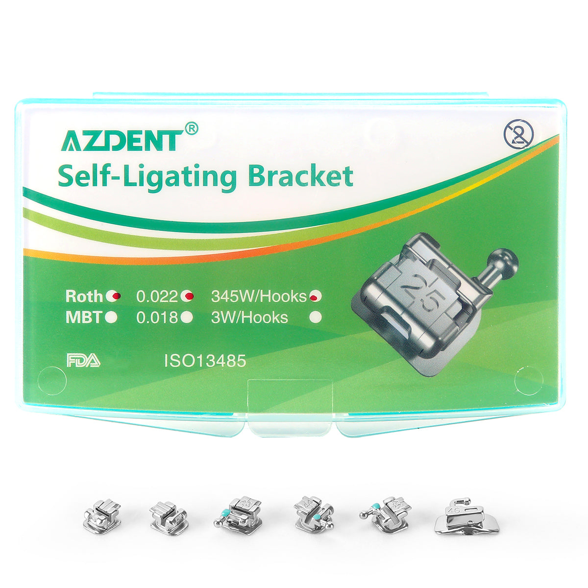AZDENT Dental Metal Self-Ligating Brackets Mini Roth/MBT .022 Hooks 345 24/Kit