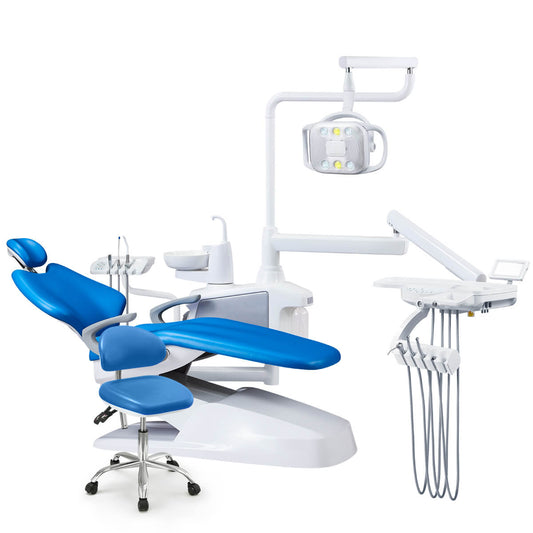 Dental Chair Unit QL2028III-2024 DC Motor Computer Controlled PU Hard Leather w/ Dentist Stool Dark Blue - azdentall.com