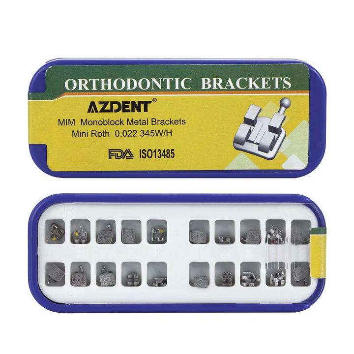 AZDENT Dental Metal Brackets MIM Monoblock Mini Roth/MBT .022 Hooks on 345 20pcs/Box