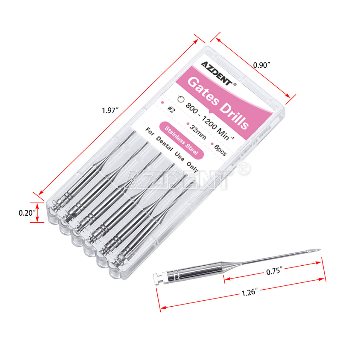 AZDENT Dental Engine Files Staniless Steel Gates Drill 32mm #2 6pcs/Box