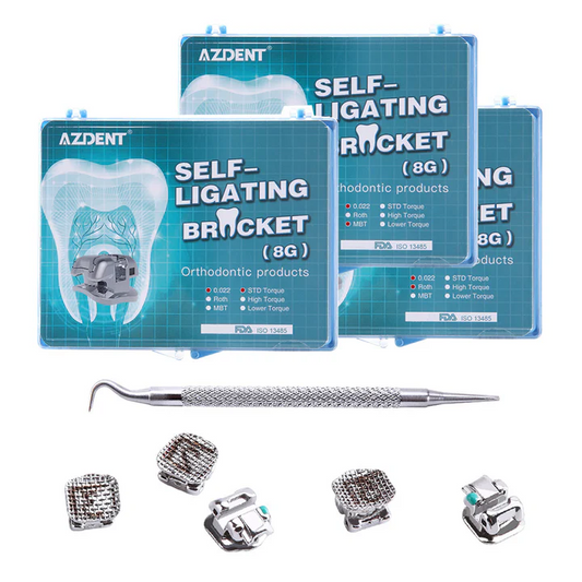 AZDENT Metal Self-Ligating Brackets Full Sizes Movable Hook Auxiliary Hole With Buccal Tube 28pcs/Box