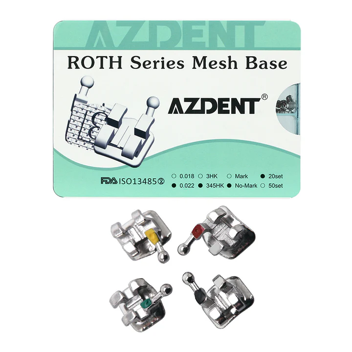 AZDENT Dental Mesh Base Metal Brackets Mini Roth/MBT .022 Hooks on 345 400pcs/Box