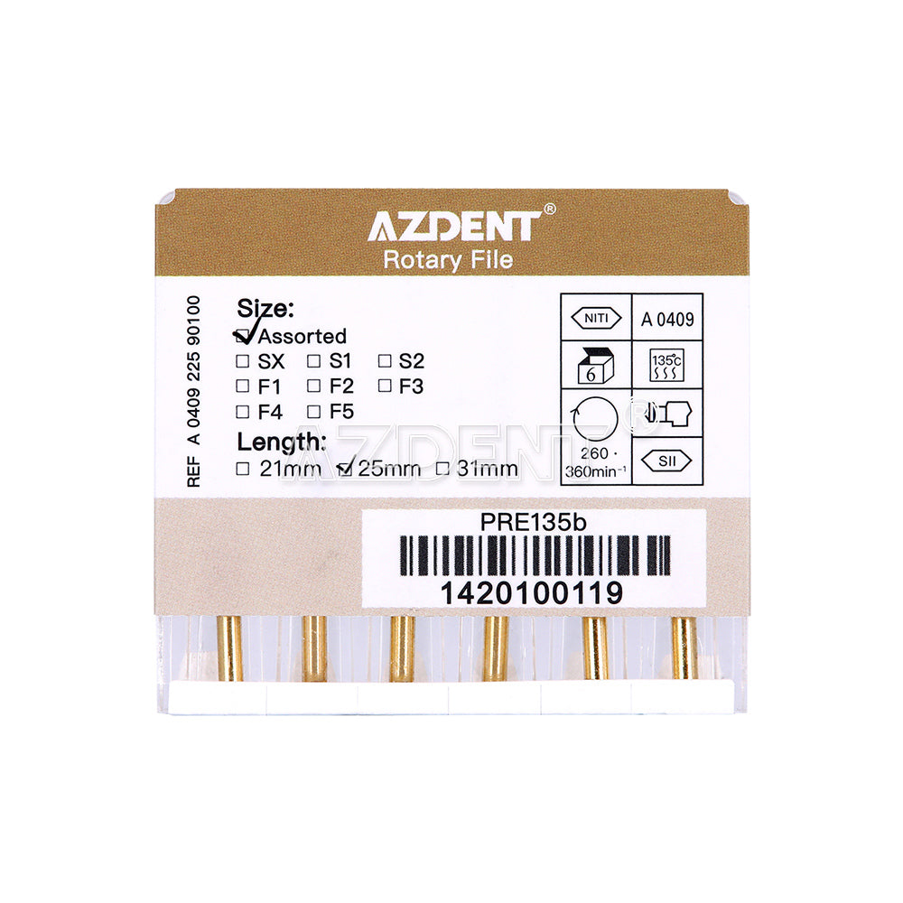AZDENT Dental NiTi Rotary Engine Files 25mm Assorted SX-F3 Gold Taper 6pcs/Pk