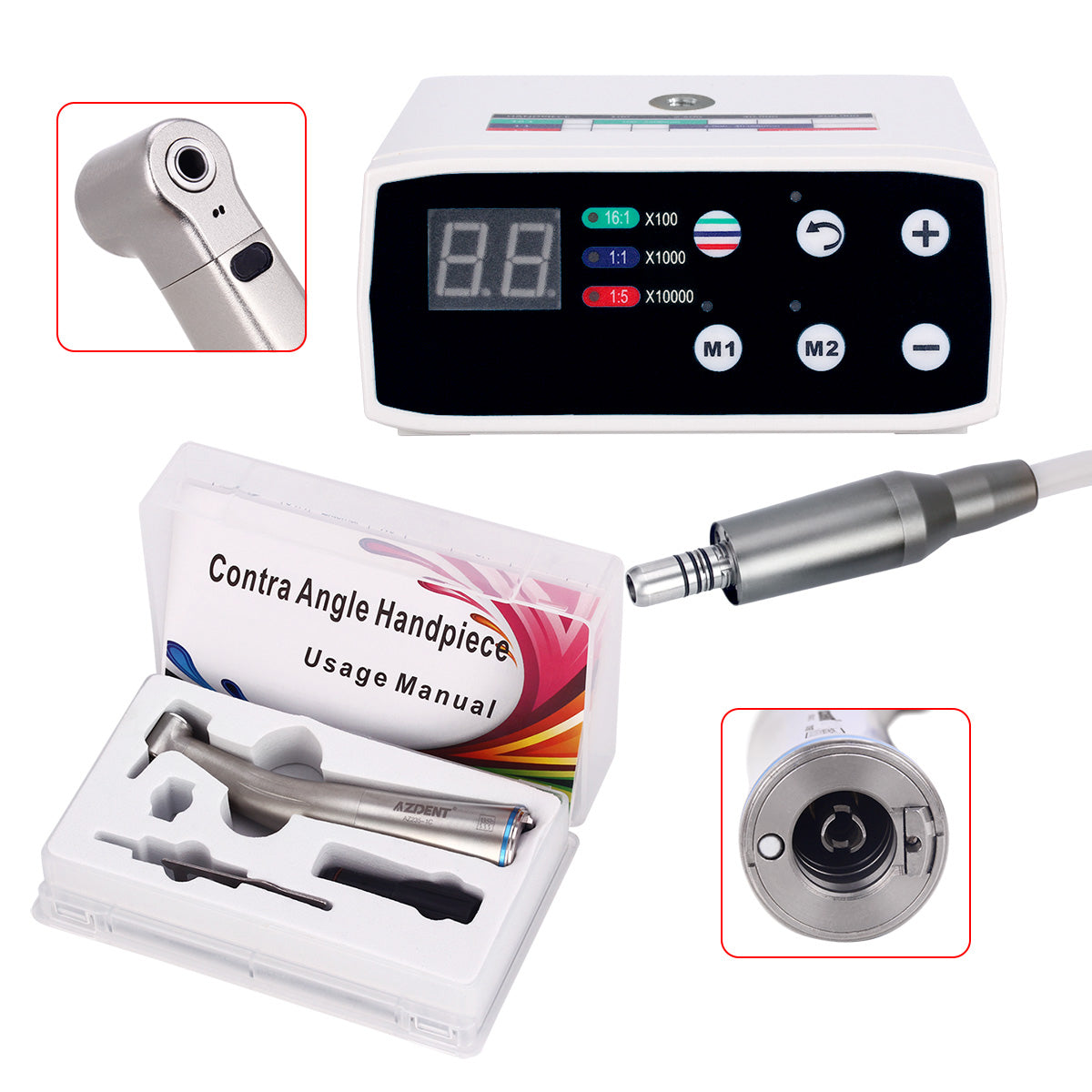 LED Brushless E Type Electric Internal Micro Motor & 1:1 LED Fiber Optic Push Contra Angle Handpiece