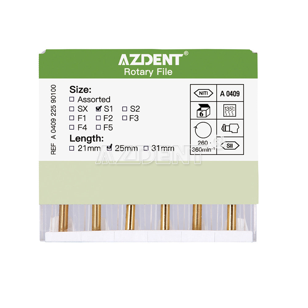 AZDENT Dental NITI Rotary Engine Files Heat Activated 25mm S1 6pcs/Pk