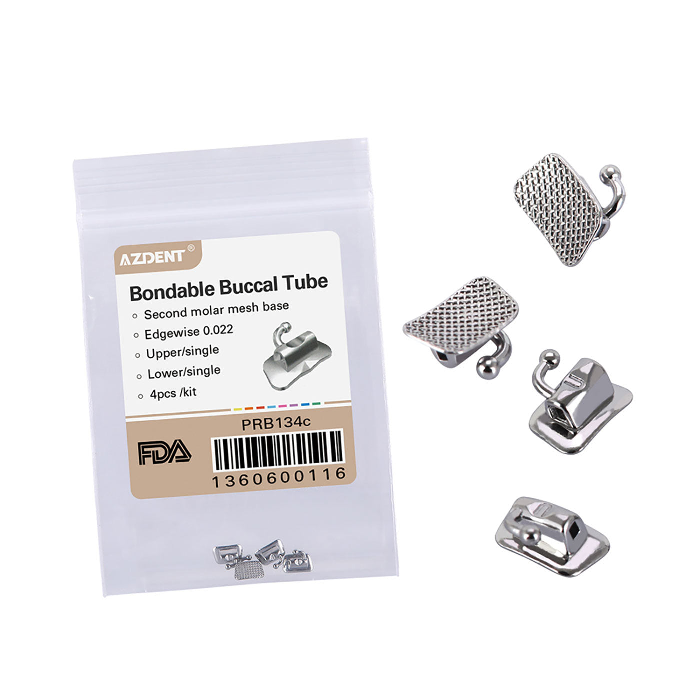 AZDENT Buccal Tube 2nd Molar Bondable Non-Conv Full Size Assorted Quadrants(UR UL LL & LR) 4/Bag