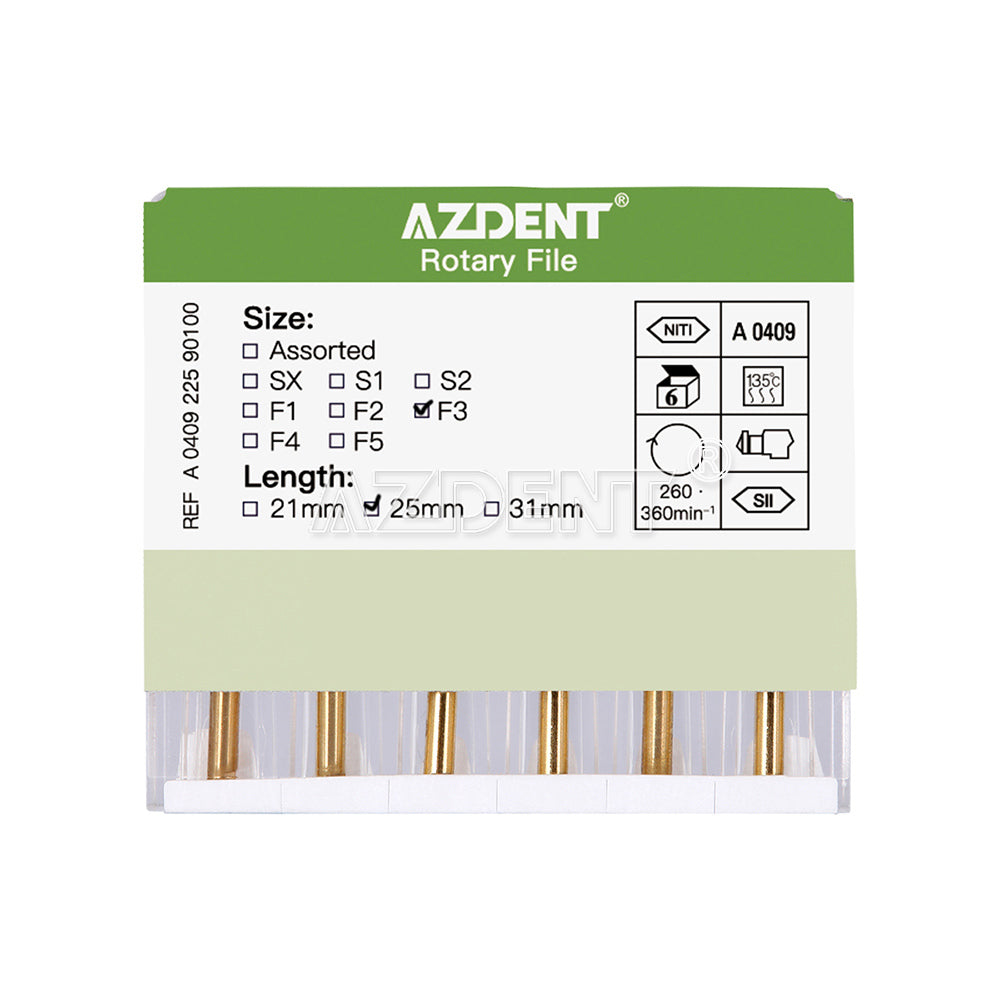 AZDENT Dental NITI Rotary Engine Files Heat Activated 25mm F3 6pcs/Pk