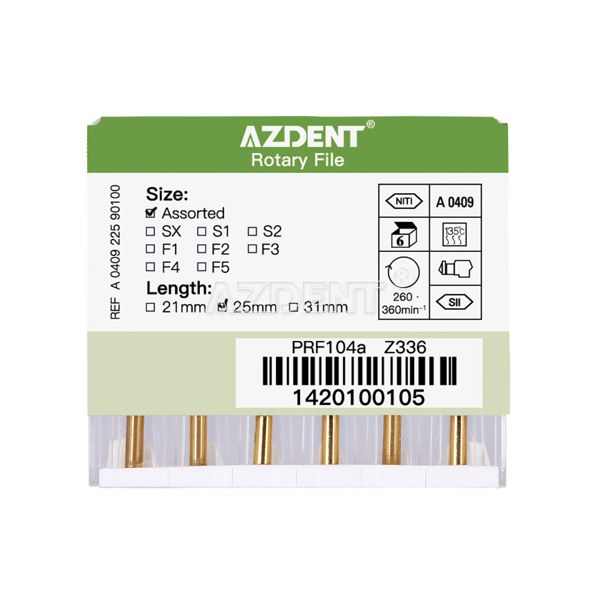 AZDENT Dental NITI Rotary Engine Files Heat Activated 25mm Assorted SX-F3 6pcs/Pk