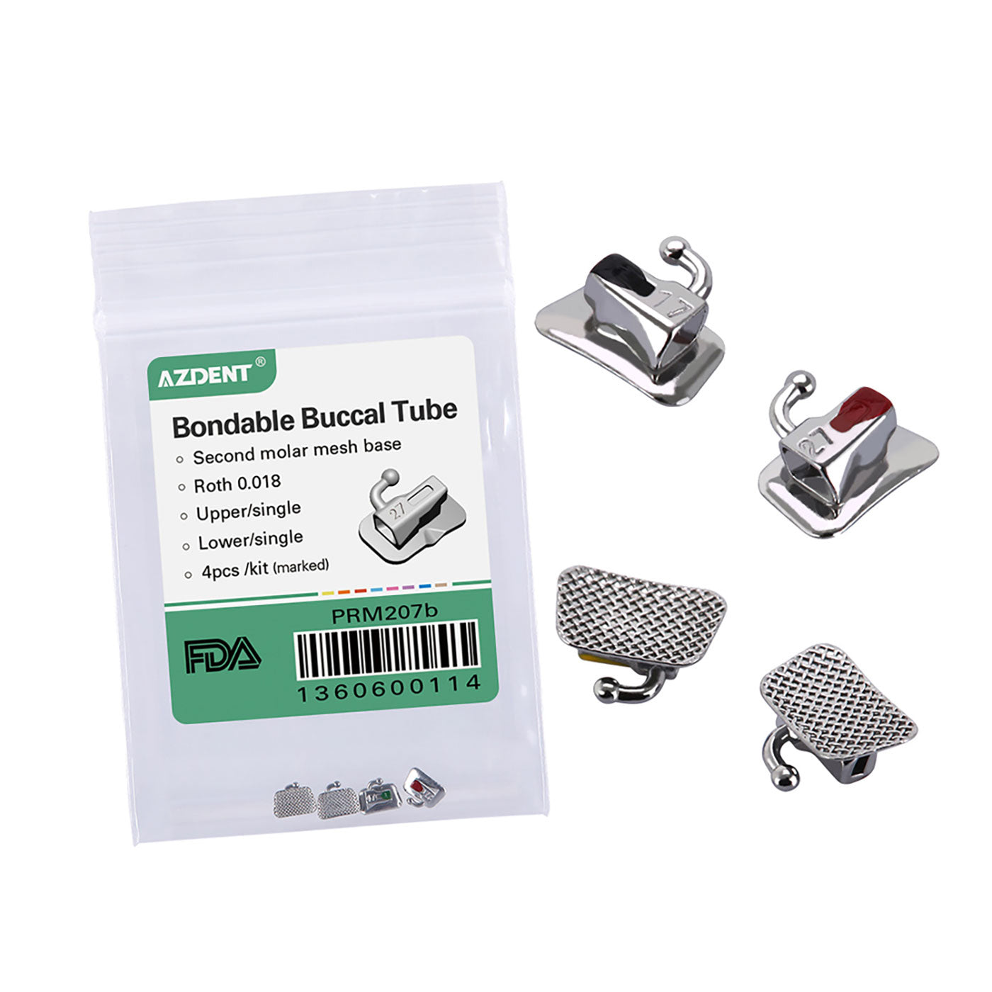 AZDENT Buccal Tube 2nd Molar Bondable Non-Conv Full Size Assorted Quadrants(UR UL LL & LR) 4/Bag
