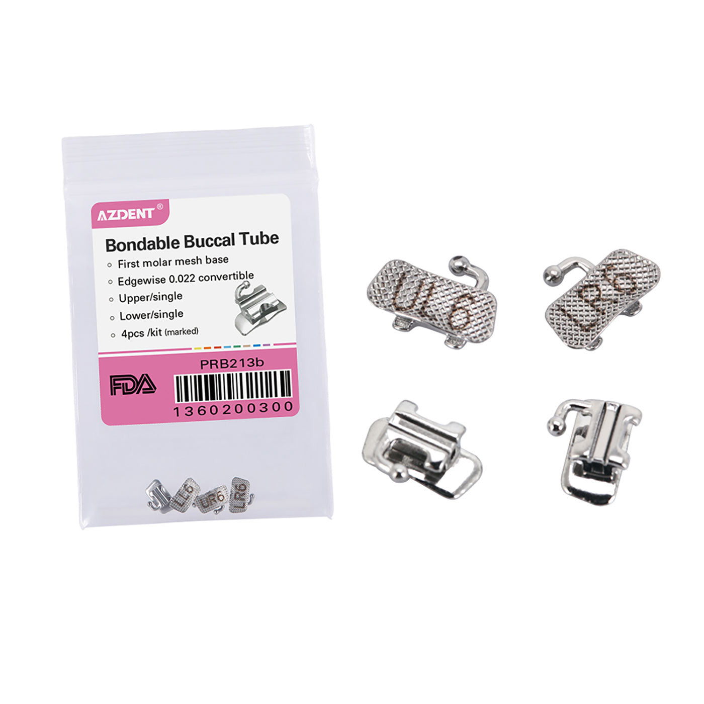 AZDENT Buccal Tube 1st Molar Bondable Full Size Assorted Quadrants(UR UL LL & LR) 4/Bag
