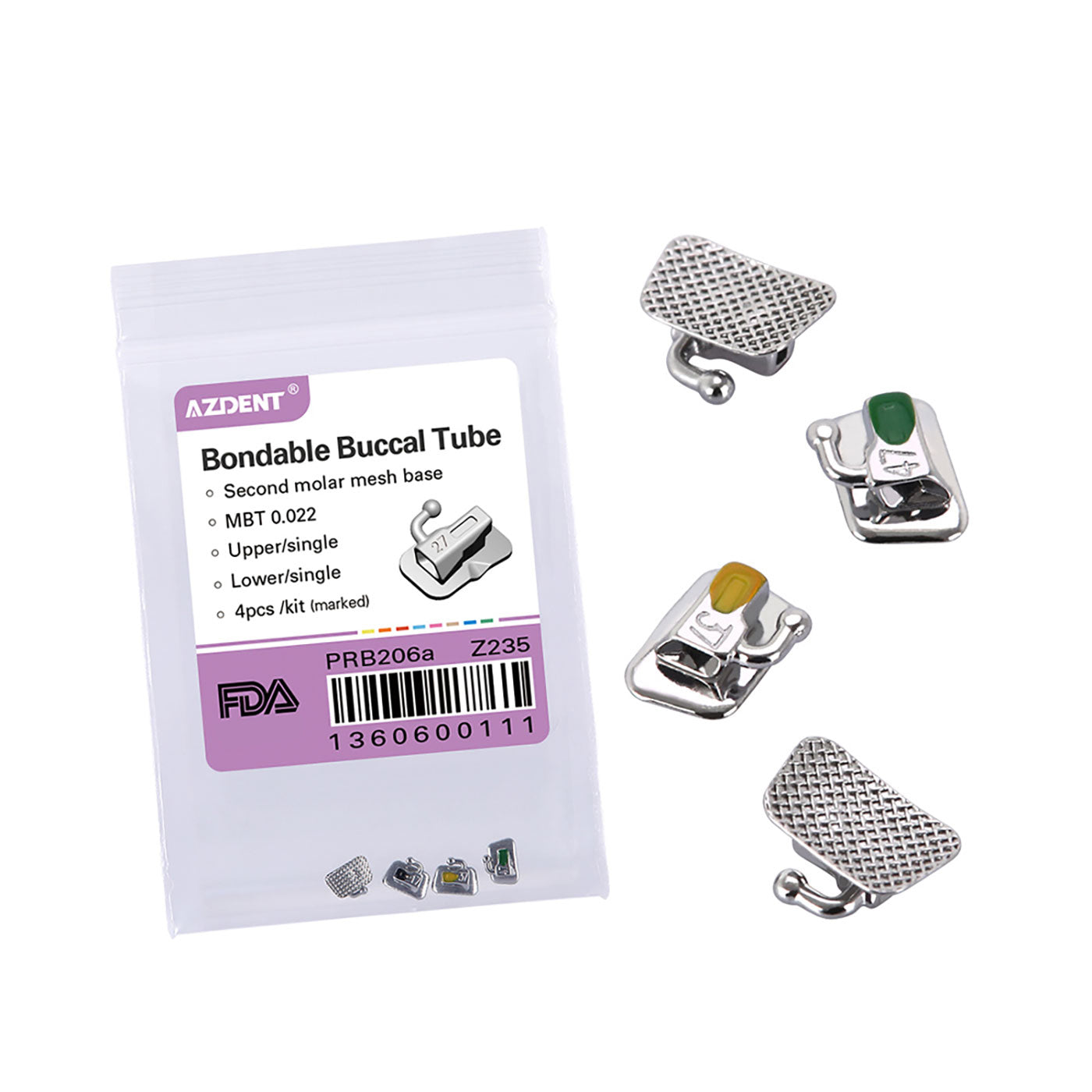 AZDENT Buccal Tube 2nd Molar Bondable Non-Conv Full Size Assorted Quadrants(UR UL LL & LR) 4/Bag