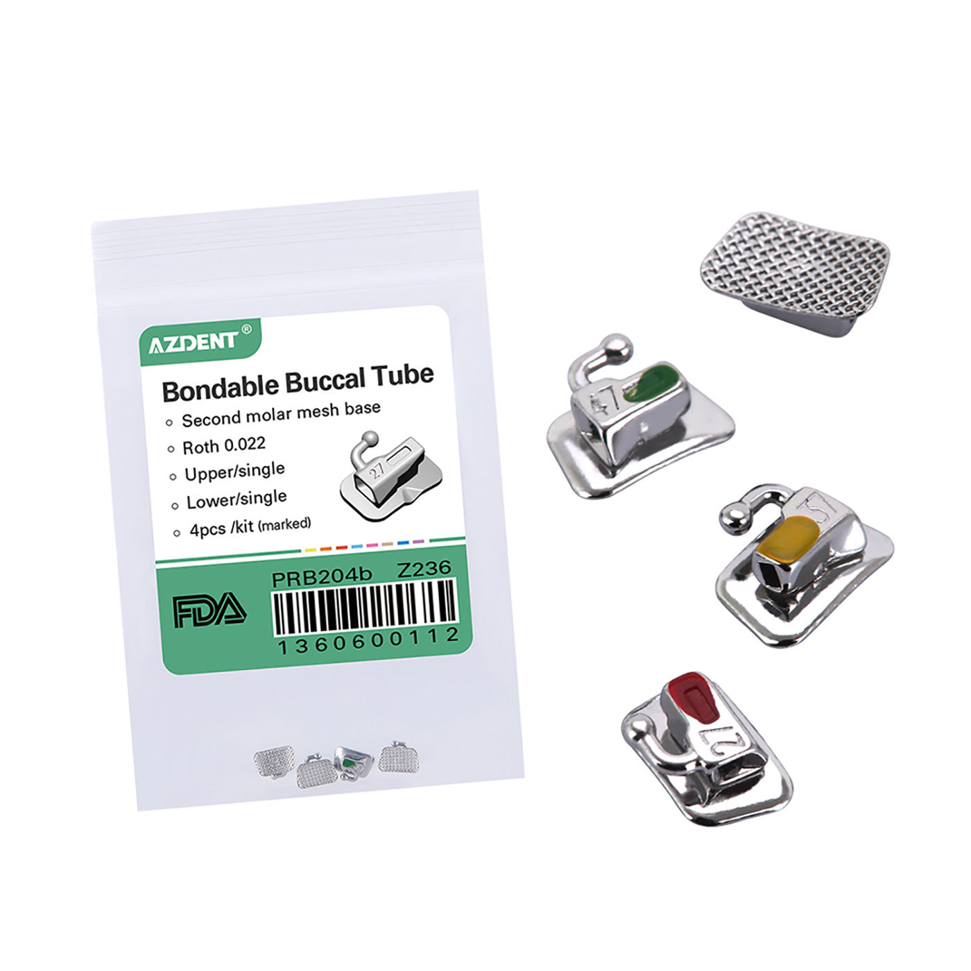 AZDENT Buccal Tube 2nd Molar Bondable Non-Conv Full Size Assorted Quadrants(UR UL LL & LR) 4/Bag