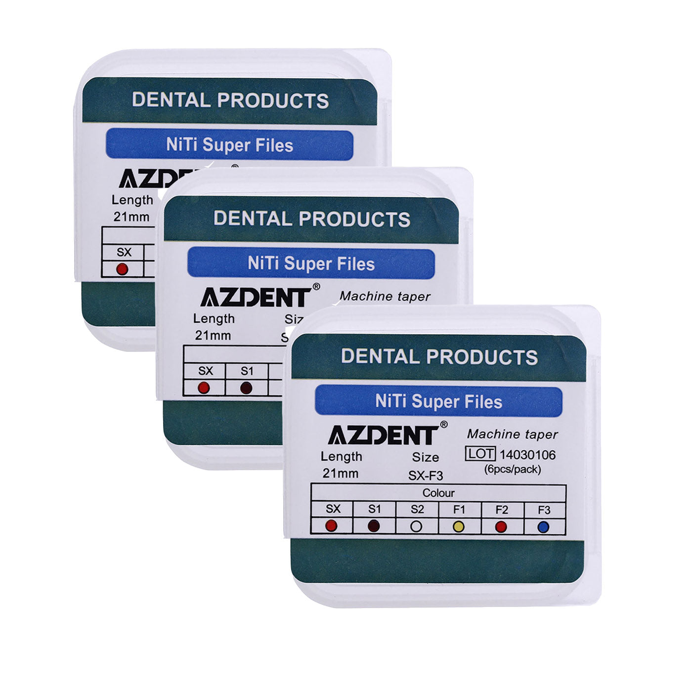 3 Packs AZDENT Dental NiTi Rotary Engine Files 21mm Assorted SX-F3 6pcs/Pk - azdentall.com