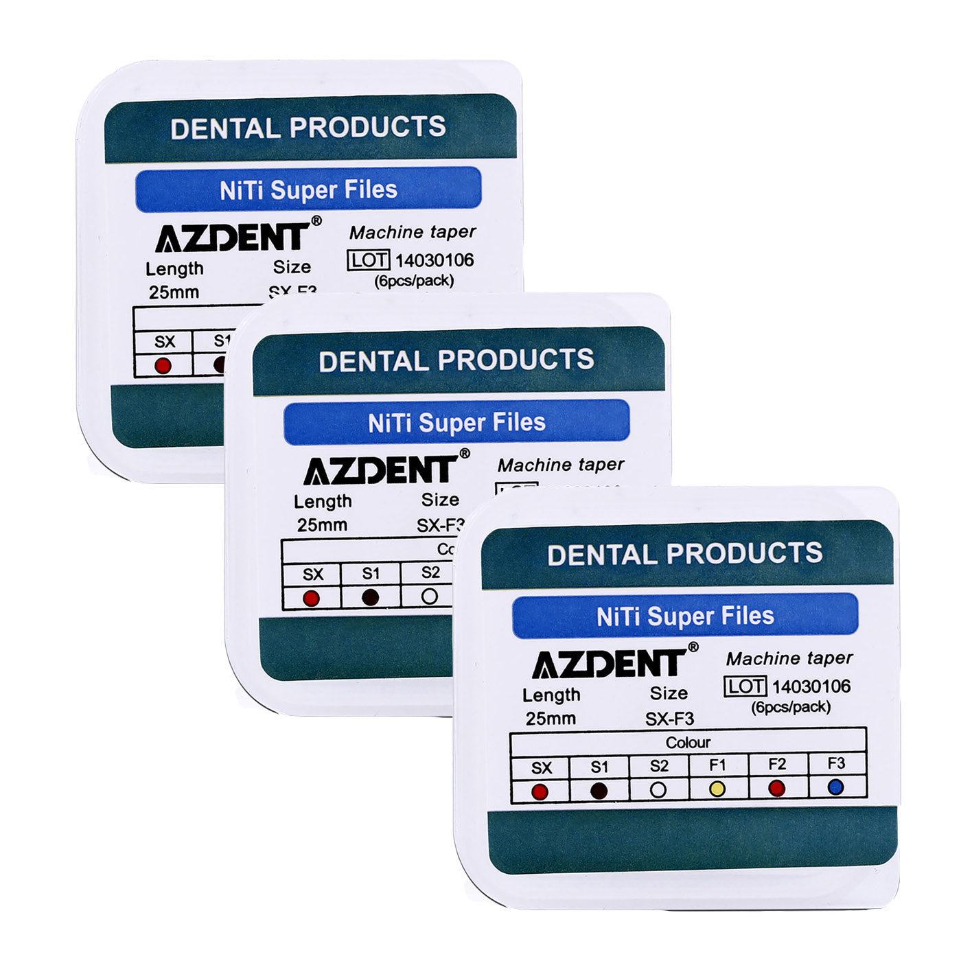 3 Packs AZDENT Dental NiTi Rotary Engine Files 25mm Assorted SX-F3 6pcs/Pk - azdentall.com