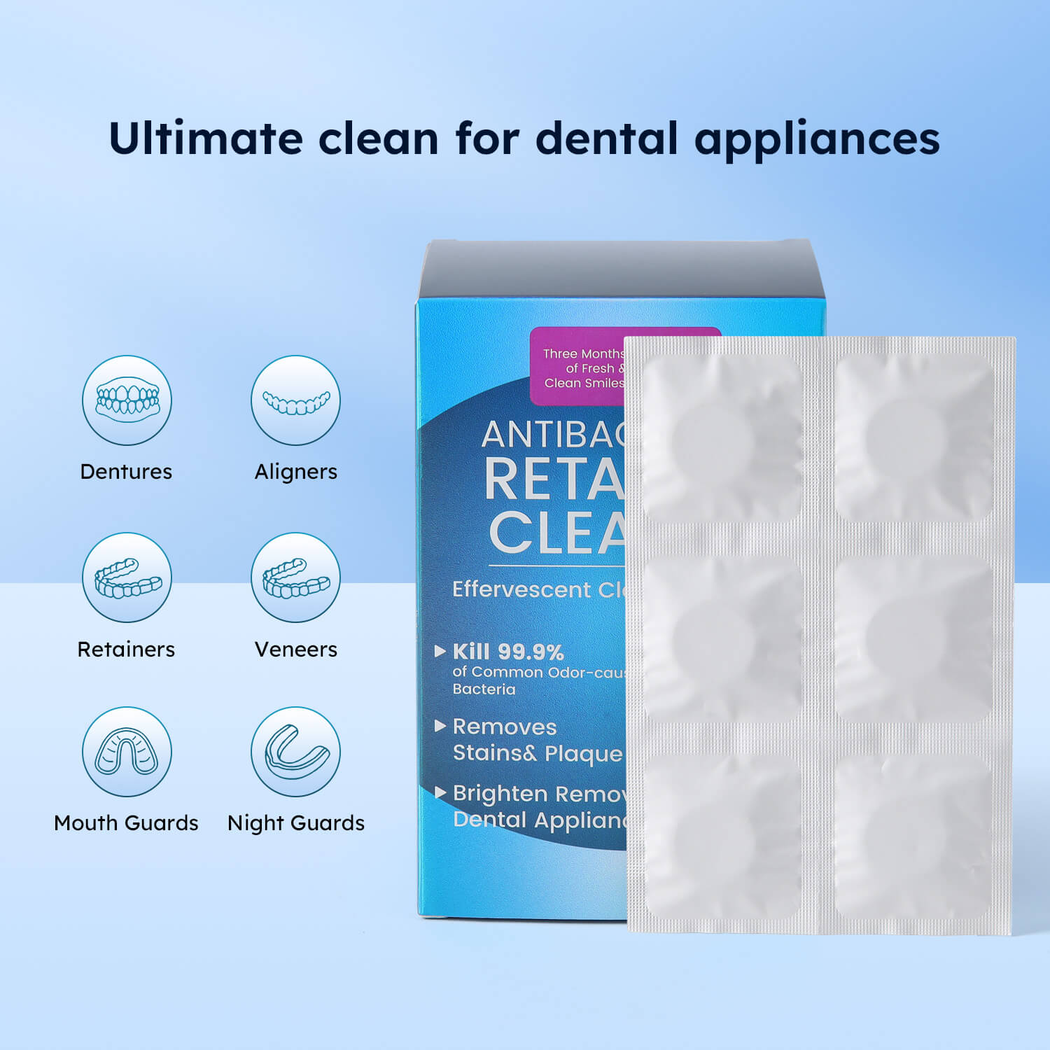 Retainer Cleaner Effervescent Tablets Orthodontic and Denture for Appliances Mint Flavor 60Tabs/Box - azdentall.com