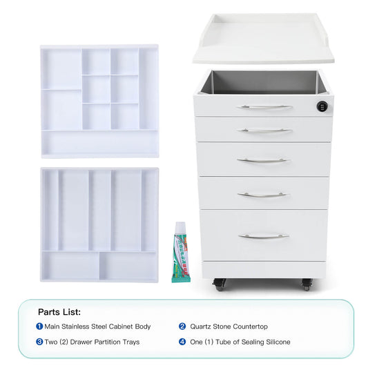 Dental C05A Quartz and Stainless Steel Four Drawer Mobile Cabinet & Two Instrument Tray - azdentall.com