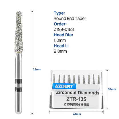 AZDENT Dental Diamond Burs FG Cutting Zirconia Ceramic Round End Taper for High Speed Handpiece Z199-018S 10pcs/Box - azdentall.com