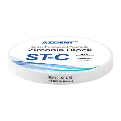 AZDENT Dental ST-C Pre-Shade Zirconia Block Disc High Translucency 98x10mm A3 - azdentall.com  Edit alt text