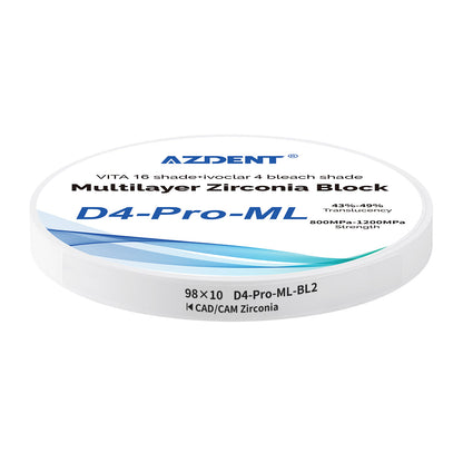AZDENT Dental D4-Pro-ML Multilayer Zirconia Block VITA 16 Shade&Ivoclar 4 Bleach Shade BL2 98*10mm - azdentall.com