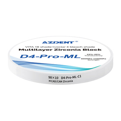 AZDENT Dental D4-Pro-ML Multilayer Zirconia Block VITA 16 Shade&Ivoclar 4 Bleach Shade C1 98*10mm - azdentall.com