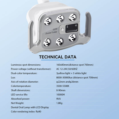 Dental Unit Chair LED Oral Light Lamp 6 Lights 9W Dual-Color with LCD Display - azdentall.com