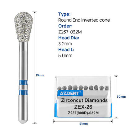 AZDENT Dental Diamond Burs FG Cutting Zirconia Ceramic Round End Inverted Cone for High Speed Handpiece Z237-032M 10pcs/Box - azdentall.com