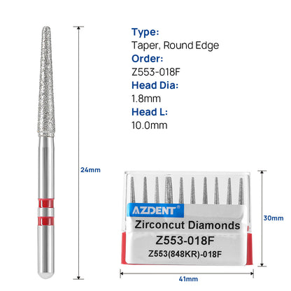 AZDENT Dental Diamond Burs FG Cutting Zirconia Ceramic Taper Round Edge for High Speed Handpiece Z553-018F 10pcs/Box - azdentall.com