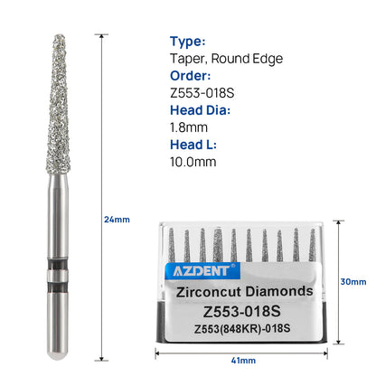 AZDENT Dental Diamond Burs FG Cutting Zirconia Ceramic Taper Round Edge for High Speed Handpiece Z553-018S 10pcs/Box - azdentall.com
