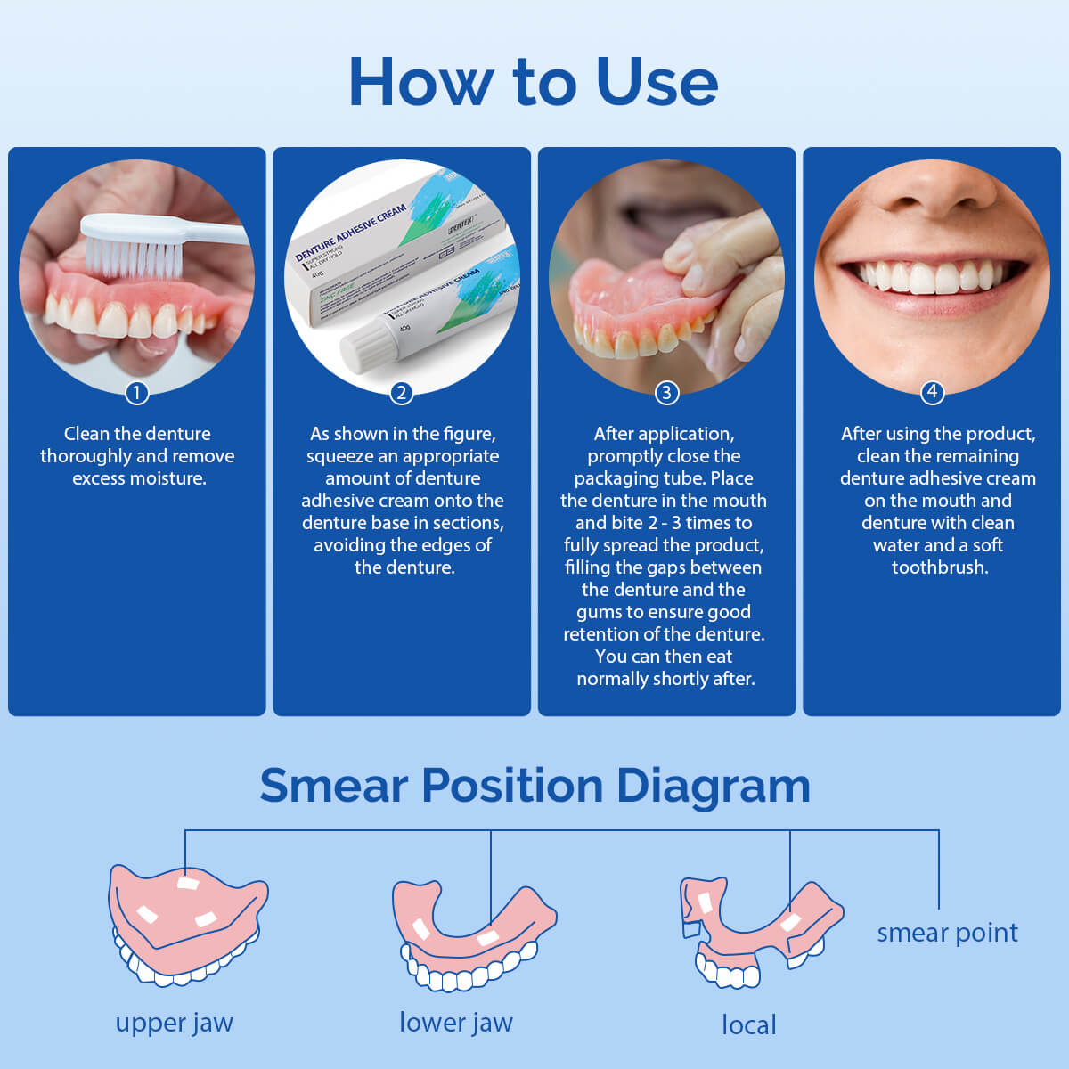 Denture Adhesive Cream 40g All Day Hold Non-Zinc Formula False Teeth Glue