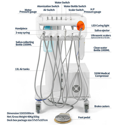 Portable Dental Mobile Cart Delivery Unit 4 Holes with Air Compressor Built-in ultrasonic scaler & Curing light - azdentall.com