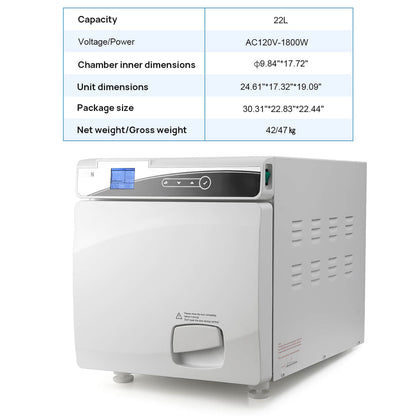 Dental 22L Class N Autoclave Steam Sterilizer LCD Table Top Dry Function - azdentall.com