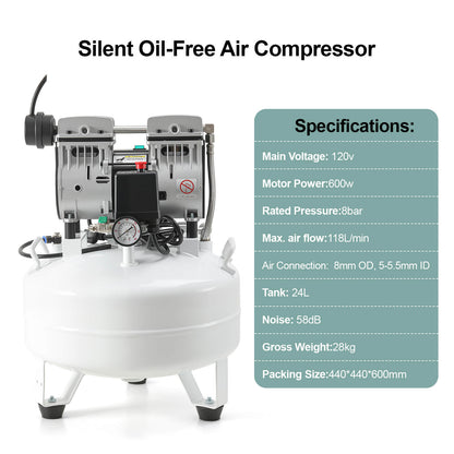 Dental Silent Oil Free Air Compressor 24L 600W 118L/min for 1PC Dental Chair - azdentall.com