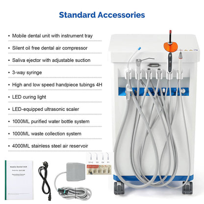 Portable Dental Unit Delivery Cart 4 Holes with Woodpecker Ultrasonic Scaler & Curing Light - azdentall.com