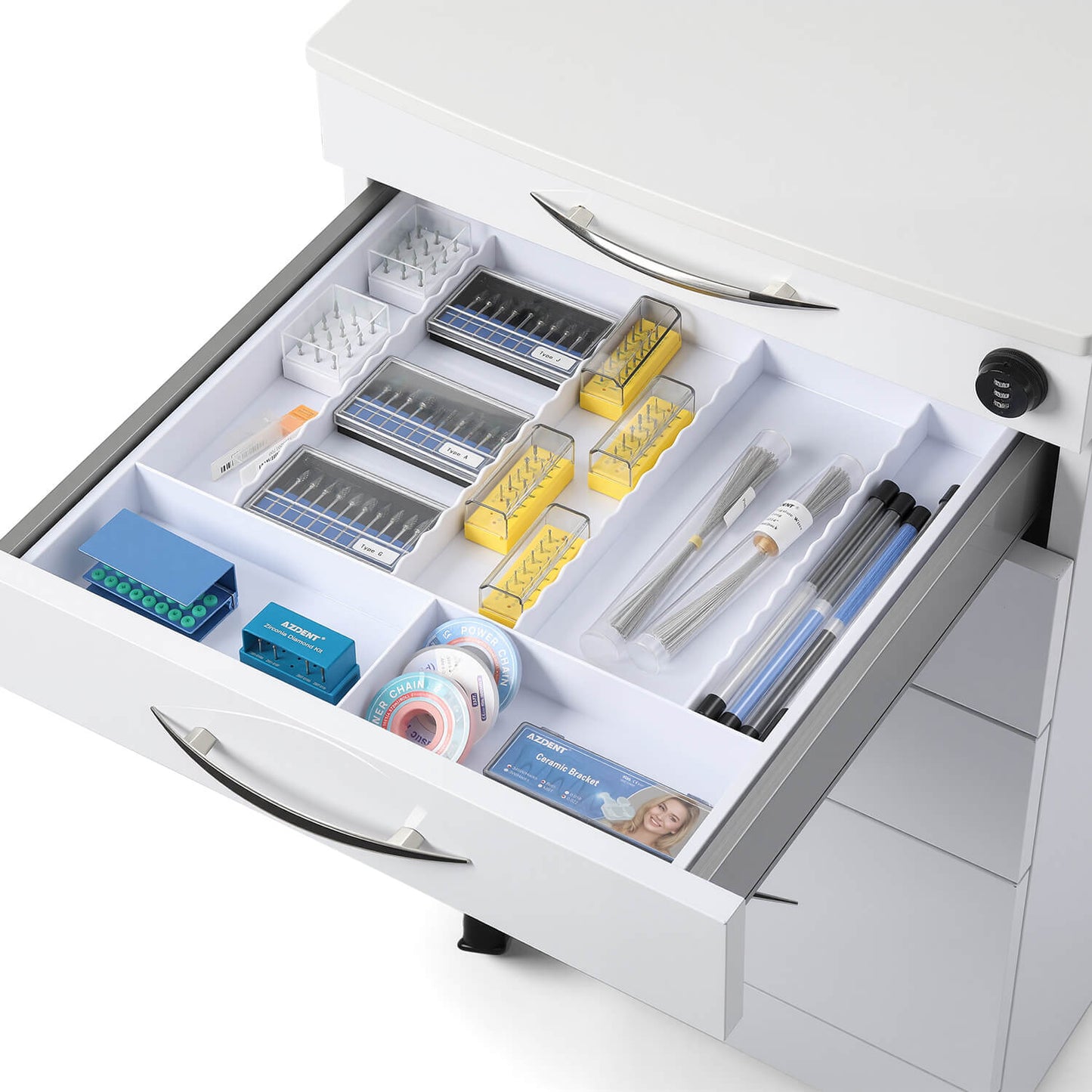Dental C05A Quartz and Stainless Steel Four Drawer Mobile Cabinet & Two Instrument Tray - azdentall.com