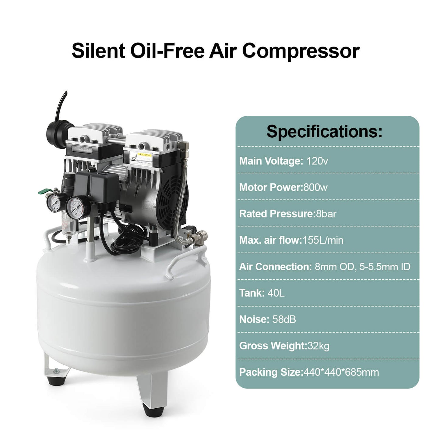 Dental Silent Oil Free Air Compressor 40L 800W Dual-Pressure Display for 2PCS Dental Chair - azdentall.com
