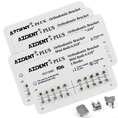 AZDENT PLUS Dental Metal Brackets Braces Mini Roth/MBT .022/.018 Hooks 3/3-4-5 20pcs/Pack