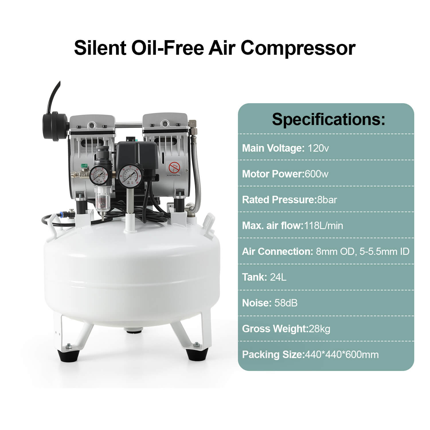 Dental Silent Oil Free Air Compressor 24L 600W Dual-Pressure Display for 1PC Dental Chair - azdentall.com