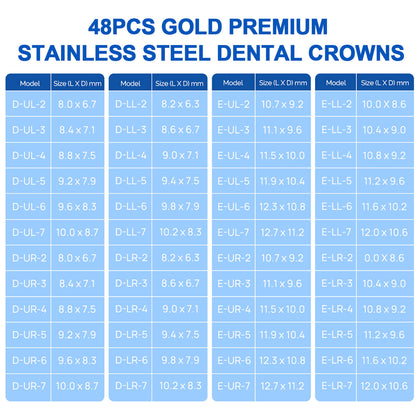 48 Sizes Dental Gold Primary Molar Kids Crown Stainless Steel Preformed Temporary Crowns 5pcs/Box - azdentall.com
