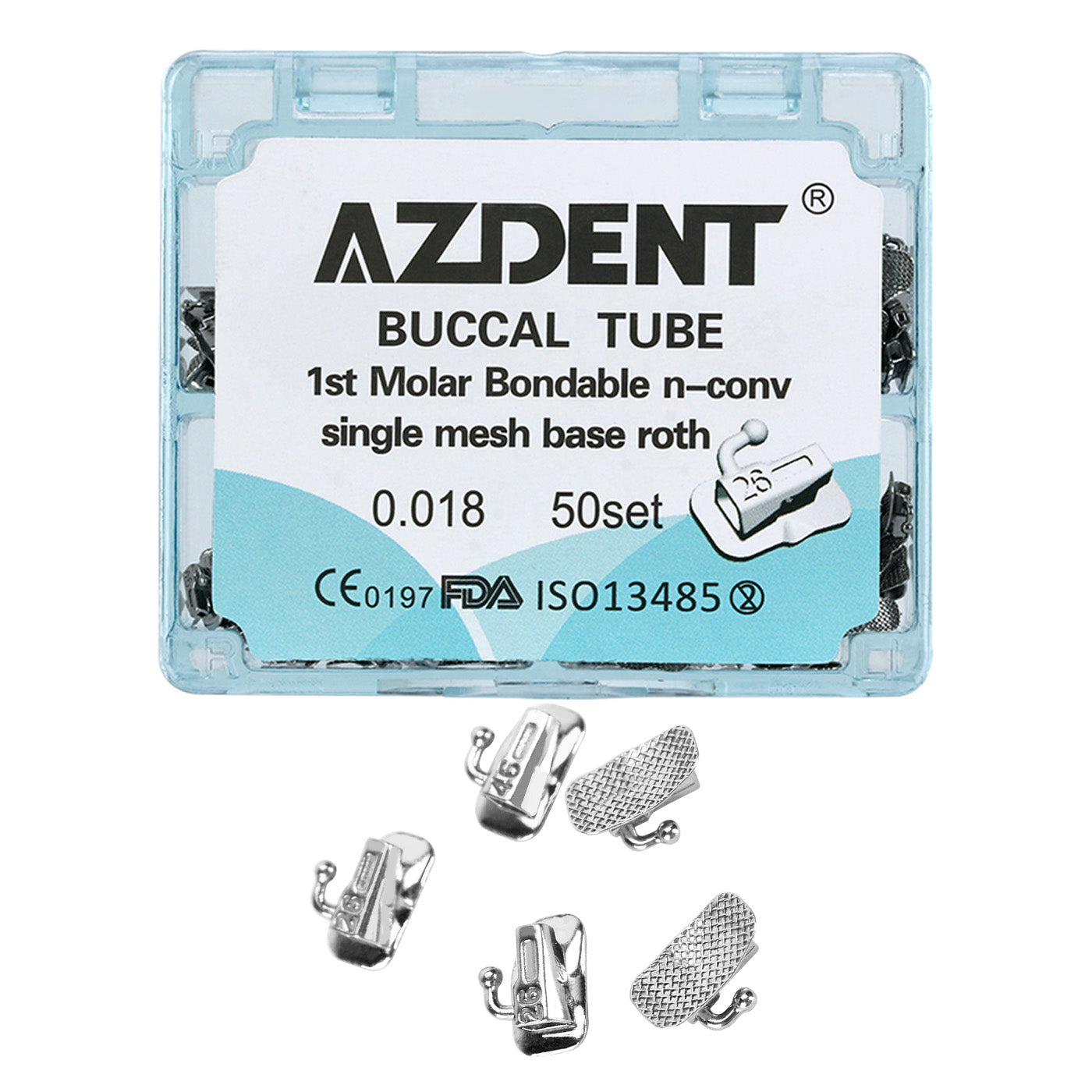 AZDENT Dental Orthodontic Buccal Tube 1st Molar Bondable Split Non-Convertible Roth 0.018 (UR UL LL LR) 50Sets/Box - azdentall.com