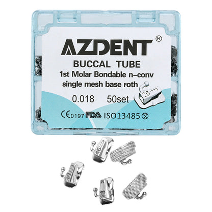 AZDENT Dental Orthodontic Buccal Tube 1st Molar Bondable Split Non-Convertible Roth 0.018 (UR UL LL LR) 50Sets/Box - azdentall.com