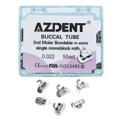 AZDENT Dental Orthodontic Buccal Tube 2nd Molar Bondable Monoblock Non-convertible Roth 0.022 50Sets/Box - azdentall.com