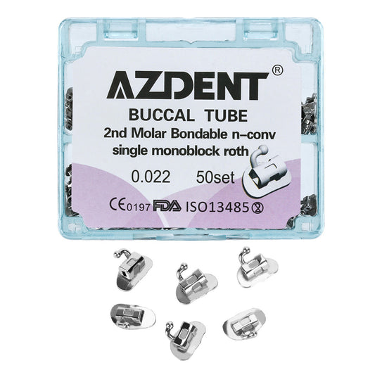 AZDENT Dental Orthodontic Buccal Tube 2nd Molar Bondable Monoblock Non-convertible Roth 0.022 50Sets/Box - azdentall.com