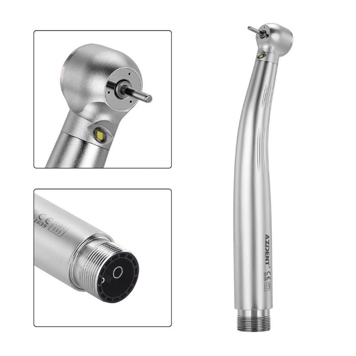 AZDENT LED High Speed Handpiece, 2/4 Hole,Torque Head, Push Button, E-generator, Triple Water Spray, Ceramic Bearings - azdentall.com