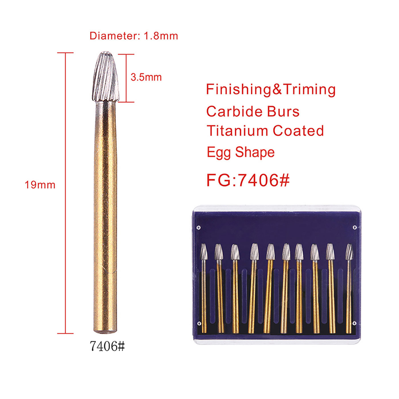 Dental Carbide Burs FG 7406 Egg Shaped Trimming & Finishing 10pcs/Box - azdentall.com