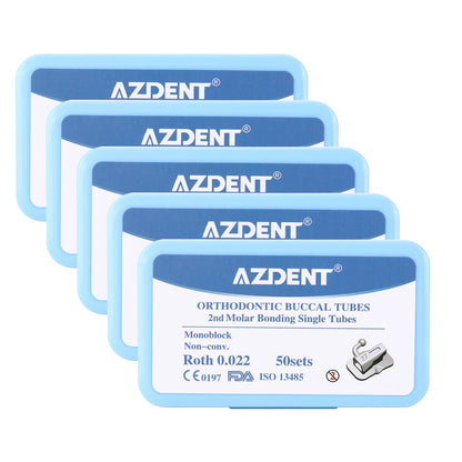 5 Boxes AZDENT Dental Orthodontic Buccal Tube 2nd Molar Bondable Monoblock Non-Convertible Roth 0.022 Laser Mark 50Sets/Box - azdentall.com