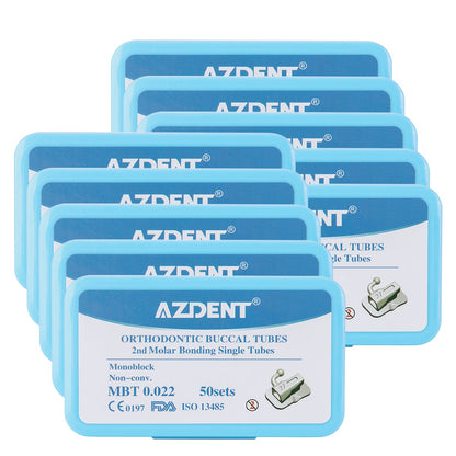 10 Boxes AZDENT Dental Orthodontic Buccal Tube 2nd Molar Bondable Monoblock Non-Convertible Roth 0.022 Laser Mark 50Sets/Box - azdentall.com