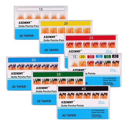 AZDENT Gutta Percha Points #15-40 Taper Size 0.02 Color Coded 7 Models 120/Box-azdentall.com